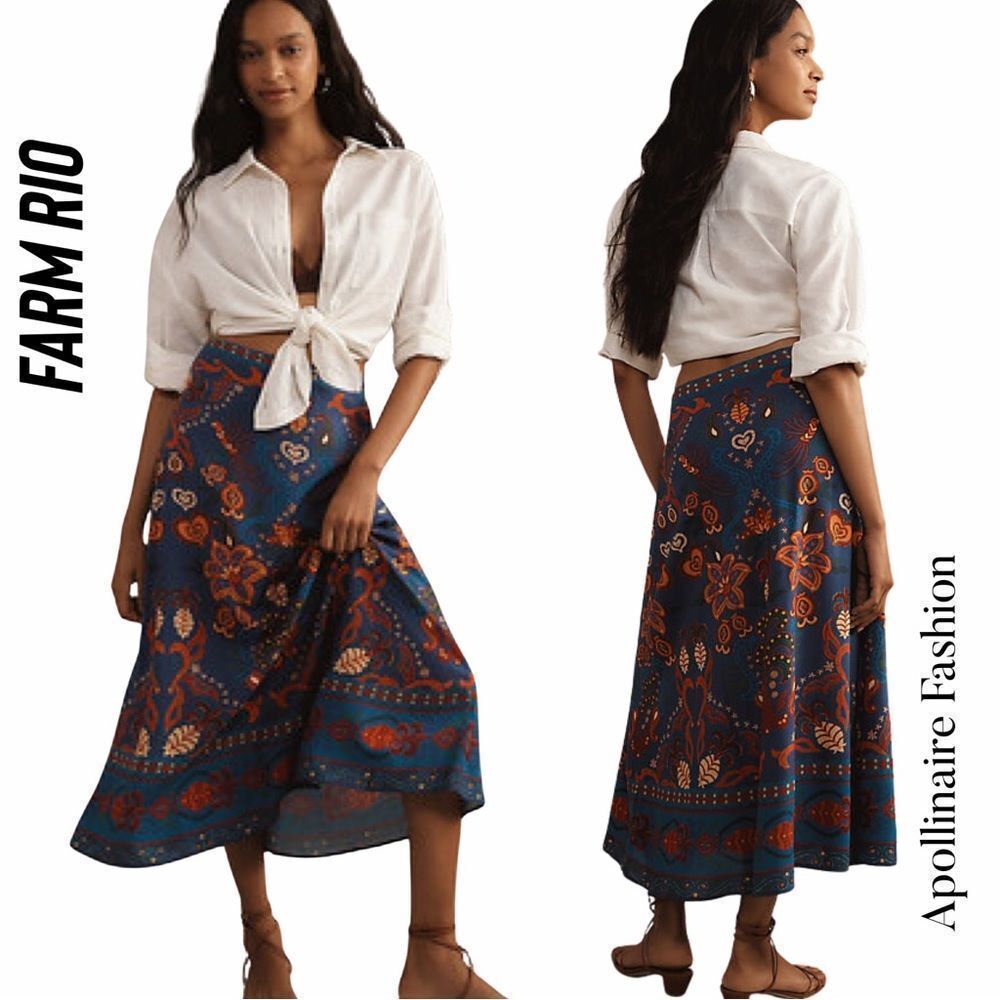 Farm Rio Midi Floral Skirt in Indigo Large NWT